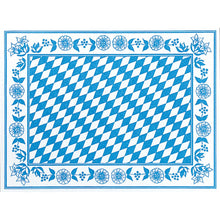 Die Dunicel Tischsets 30x40 cm Bayer Raute von Duni GmbH zeigen ein blau-weißes Rautenmuster mit blauen Blüten und Blättern auf weißem Hintergrund - perfekt für elegante Anlässe. Packung mit 100 Stück.