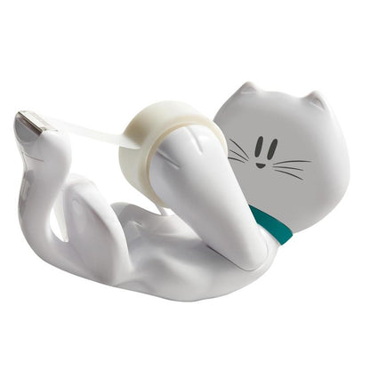 The Scotch™ desktop dispenser in cat design C39 from 3M Deutschland GmbH holds a roll of Scotch® Magic™ invisible tape (19 mm x 8.89 m) and is designed as a white, reclining cat with a turquoise collar.