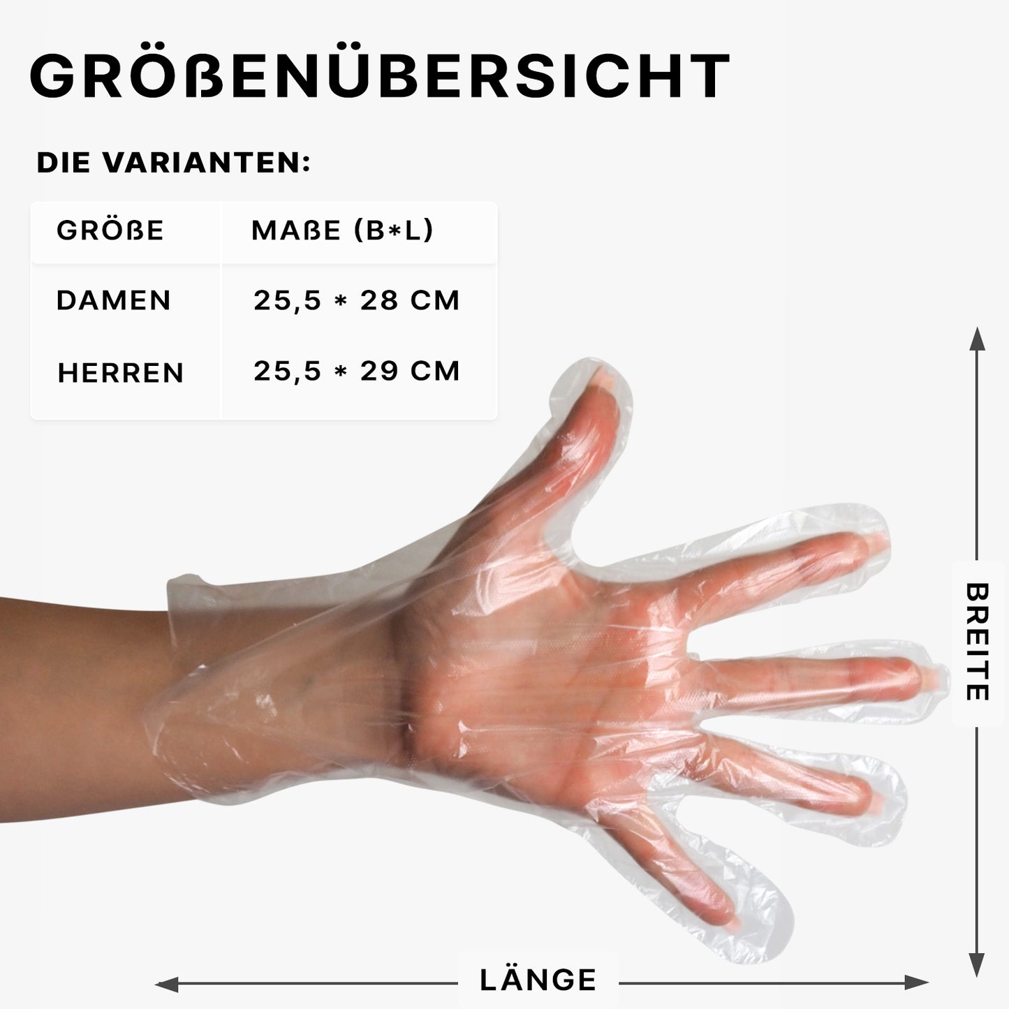Eine Hand trägt einen transparenten ARNOMED POLYGLOVE BAG Einmalhandschuh von ARNOWA GmbH vor einem weißen Hintergrund. Eine Handschuhgrößentabelle für Damen und Herren mit Pfeilen für Weite und Länge ist ebenfalls abgebildet.