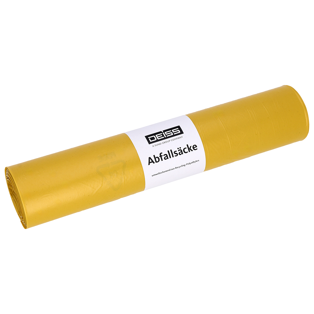 Pictured is a roll of EMIL DEISS KG (GmbH + Co.) yellow DEISS garbage bags made from recycled LDPE 120 l (25 pieces) on a white background with a white label.