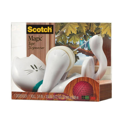 The Scotch™ desktop dispenser in cat design C39 from 3M Deutschland GmbH holds Scotch® Magic™ Tape (19 mm x 8.89 m); the reclining white dispenser dispenses the tape over the paws, and the packaging is illustrated with birds and yarn.