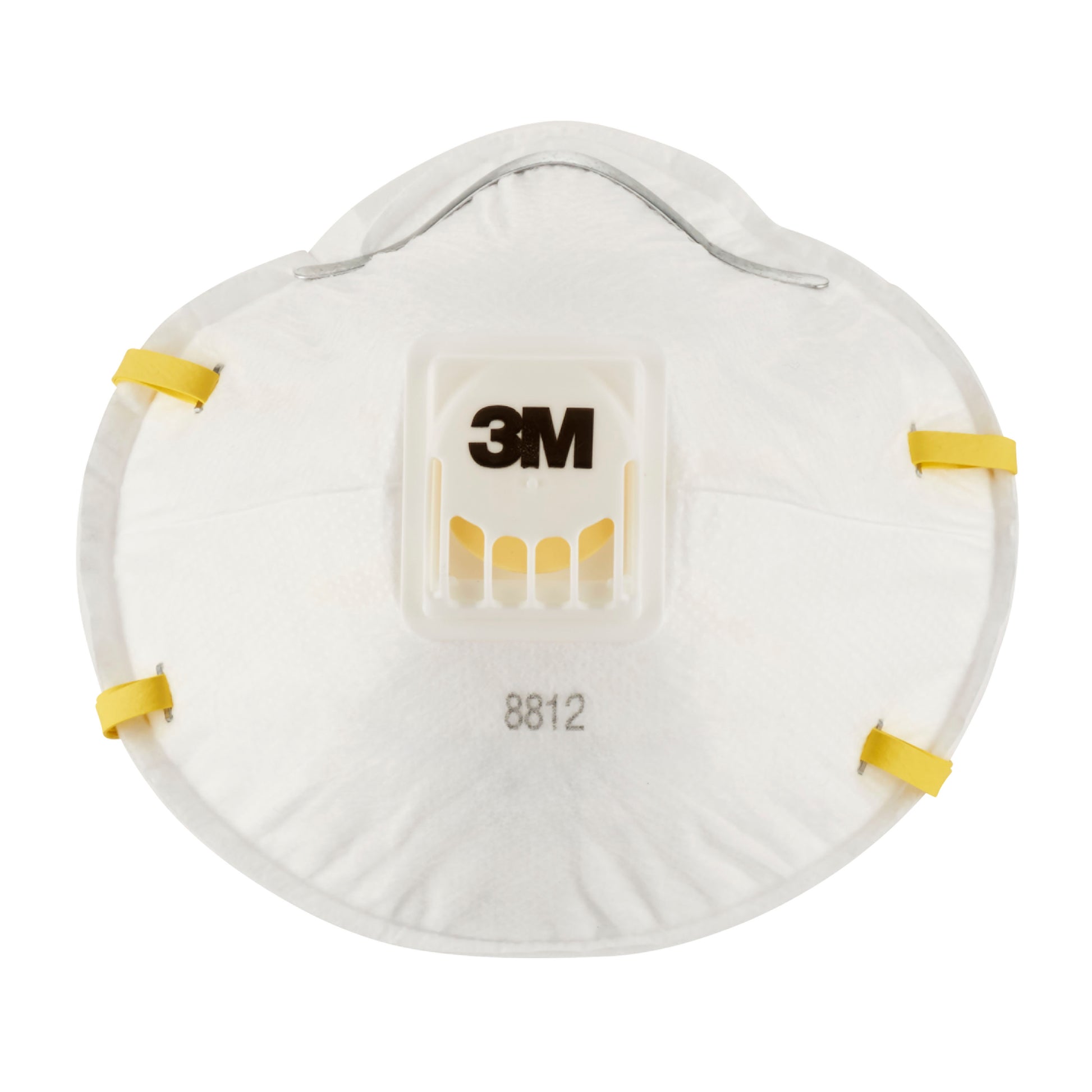 Eine 3M™ Cool Flow™ Partikelmaske 8812, FFP1, mit Ventil (3er-Pack) von 3M Deutschland GmbH mit zentralem Ausatemventil und gelben Bändern ist vor neutralem Hintergrund zu sehen. Die Modellnummer steht unter dem Ventil.