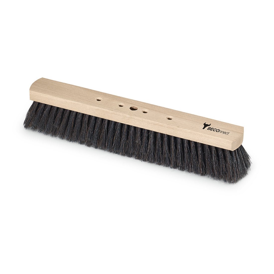 The Nölle Profi Brush BECOnnect hall broom natural hair wooden body has a wide, light wooden head with dense black natural hair bristles, four holes at the tip, and a small Nölle Profi Brush logo at one end. Brand: Nölle Profi Brush Brushes & Brush Technology e.K.
