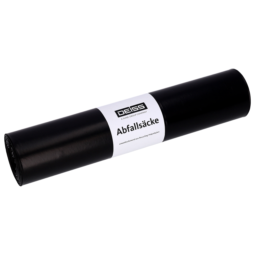 A black DEISS 25709 garbage bag roll (25 pieces, 575x1000 mm) from EMIL DEISS KG (GmbH + Co.) with a white label stands on a plain light gray background - perfect for efficient waste management and packaging solutions.