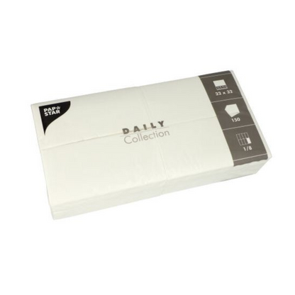 A white package of napkins "DAILY Collection" from PAPSTAR GmbH contains 150 napkins measuring 32 x 32 cm, ideal for enhancing your table decoration. The packaging indicates that the napkins are folded in eighths.
