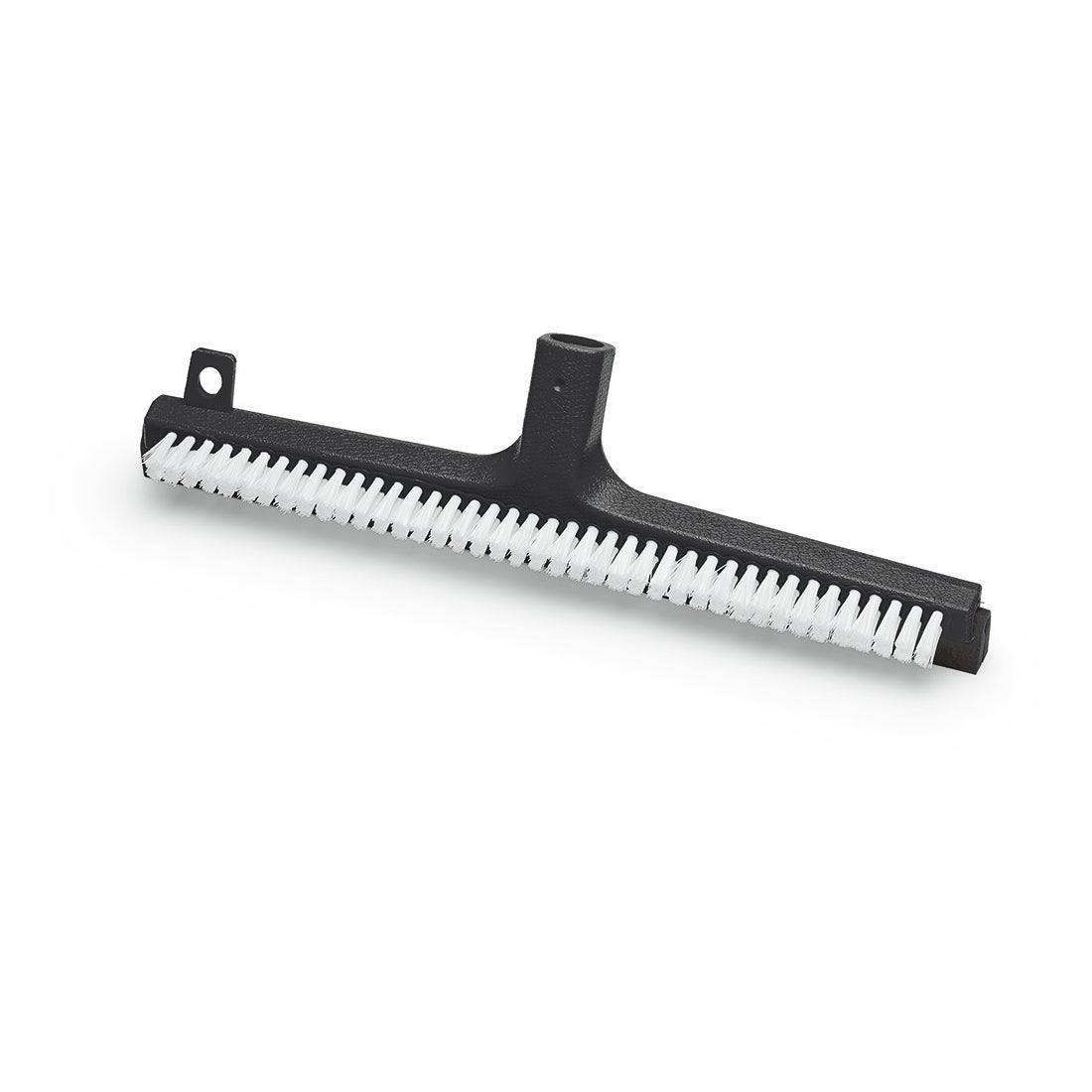 Der Nölle Profi Brush Duo-Wasserschieber 43 cm mit Schaumgummi-Borsten von Nölle Profi Brush Bürsten- & Pinseltechnik e.K. ist ein schwarzer Kunststoff-Bodenabzieher mit weißen Schaumstoffborsten in einer Reihe für eine effiziente Reinigung.