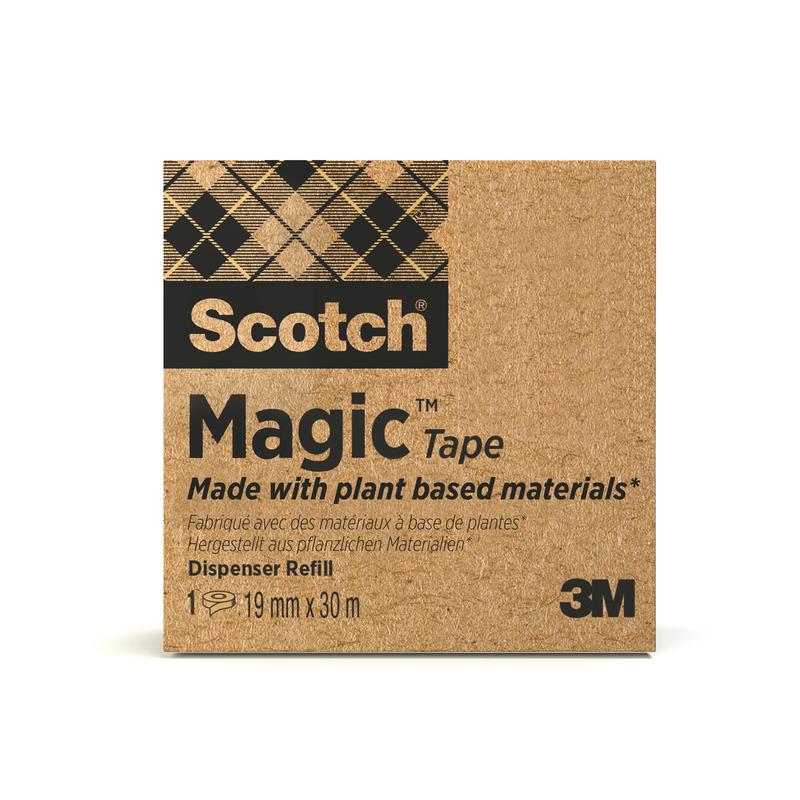 A pack of Scotch® Magic™ Tape from 3M, made with 66% plant-based adhesive (19 mm x 30 m), in a brown box with black and yellow text, checkered stripe and logo - the eco-friendly, invisible tape.