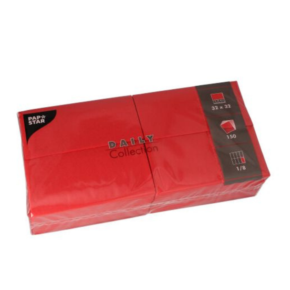 A red package of PAPSTAR napkins "DAILY Collection" from PAPSTAR GmbH ensures sustainable coziness with 150 paper napkins in the format 32 x 32 cm, each folded eight times. Ideal for any table decoration.