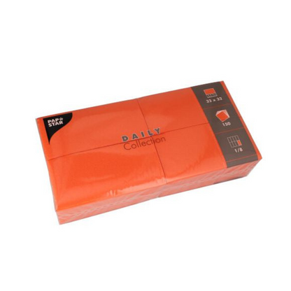 The orange PAPSTAR napkins from the "DAILY Collection" are presented in a plastic packaging. The label indicates the specifications: 32 x 32 cm, 150 pieces, and 1/8 fold. Perfect for sustainable comfort and table decoration, with the Papstar logo in the upper corner.