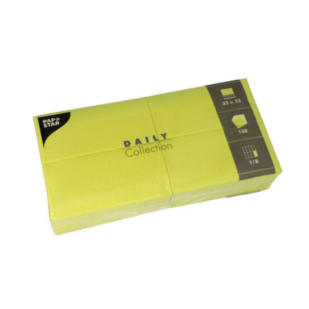 The PAPSTAR napkins "DAILY Collection" from PAPSTAR GmbH includes 150 brightly yellow napkins, each 32 x 32 cm in size and folded to a practical 1/8 size. These napkins are ideal for adding a pop of color to your table decoration while providing sustainable comfort in every detail.