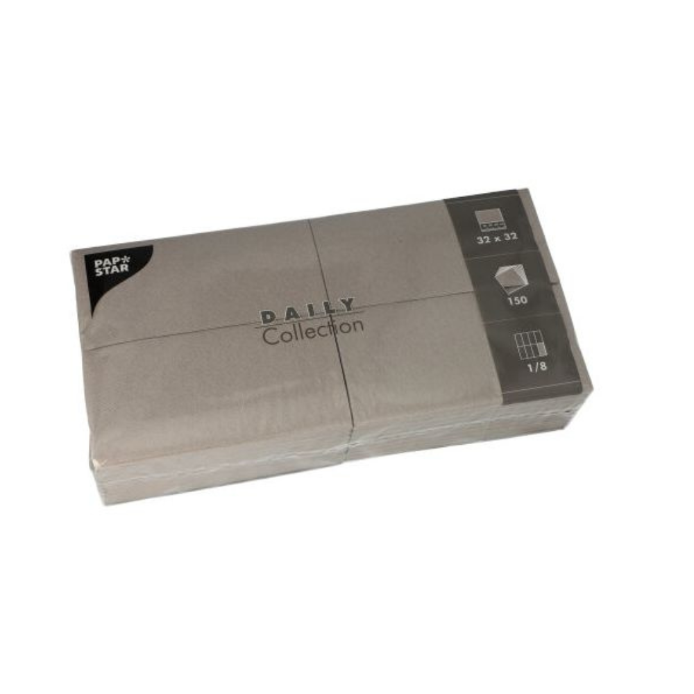 A rectangular package of gray PAPSTAR napkins from the "DAILY Collection", ideal for table decoration, measures 32x32 cm. The package contains 150 napkins, folded into eighths, providing sustainable comfort. A logo in the upper left corner reads "PAPSTAR".