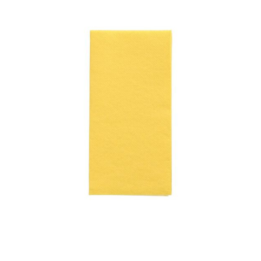 A single, neatly folded, rectangular yellow napkin from the PAPSTAR napkins "DAILY Collection" 1/8 fold 32 cm x 32 cm from PAPSTAR GmbH lies centered like a table decoration on a plain white background.