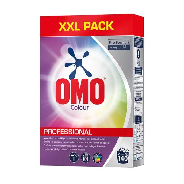 The OMO Professional Colour Laundry Detergent XXL Pack from Diversey Deutschland GmbH & Co. OHG contains 7 packs, features vibrant graphics and washing symbols, and offers detergent for colorful laundry for up to 140 washes.