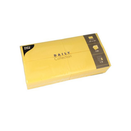 A stack of yellow paper napkins from the brand "PAPSTAR napkins DAILY Collection" measuring 32x32 cm and a quantity of 150 from PAPSTAR GmbH. These napkins, ideal for any table decoration, are packaged in a transparent plastic sleeve.