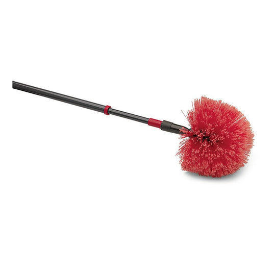 The Nölle Profi Brush dust bee ball head with telescopic handle, 170 cm (1 piece) from Nölle Profi Brush Bürsten- & Pinseltechnik e.K. has a round red bristle head and a black telescopic handle, depicted on a white background.