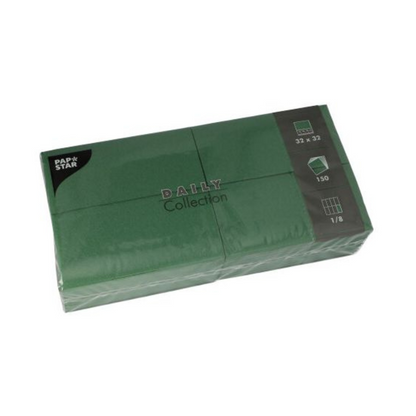 A set of PAPSTAR napkins in green from the "DAILY Collection" of PAPSTAR GmbH, packaged in plastic, ensures sustainable comfort. The napkins are 32 x 32 cm in size and come in a pack of 150 pieces, ideal for enhancing your table decoration.