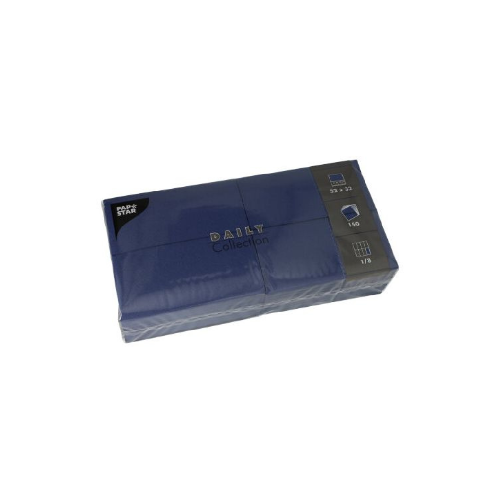 Pictured is a package of blue paper napkins from the "DAILY Collection" by PAPSTAR GmbH. The packaging is perfect for table decoration and is marked with symbols indicating the dimensions (32 x 32 cm), quantity (150 pieces), and folding style (1/8). Look forward to napkins from the trusted brand PAPSTAR GmbH.