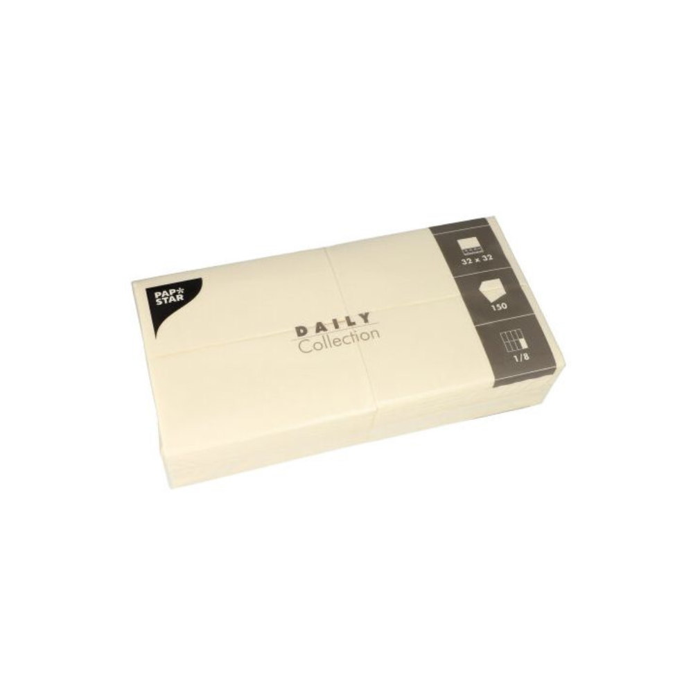 A pack of beige paper napkins, ideal for table decoration, labeled "DAILY Collection" from PAPSTAR GmbH. The packaging contains symbols indicating the dimensions (32 x 32 cm), the quantity (150), and the folding type (1/8), so you get both stylish napkins and sustainable comfort for your gatherings.