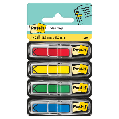 Four packs of Post-it® Index Arrows (11.9 mm x 43.2 mm, 24 adhesive strips/dispenser) from 3M Deutschland GmbH are depicted in plastic dispensers with a cardboard back in the colors red, yellow, green, and blue.