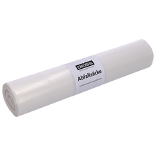 Eine Rolle DEISS 29703 Trash Bags (575x1000 mm Typ 60, transparent, 25 Stück) von EMIL DEISS KG auf unifarbenem Hintergrund - perfekt für eine effiziente Abfallentsorgung.