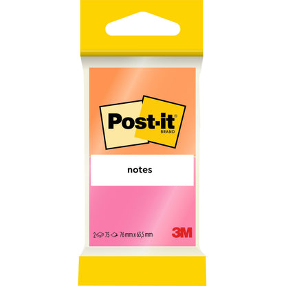 A pack of 3M Post-it® Notes from the Joyful Collection (76 mm x 63.5 mm, 75 sheets/block, 2 blocks/pack) is packaged in a yellow-white packaging with a pink gradient and bears the 100% PEFC certificate (SGSCH-PEFC-COC-110078).