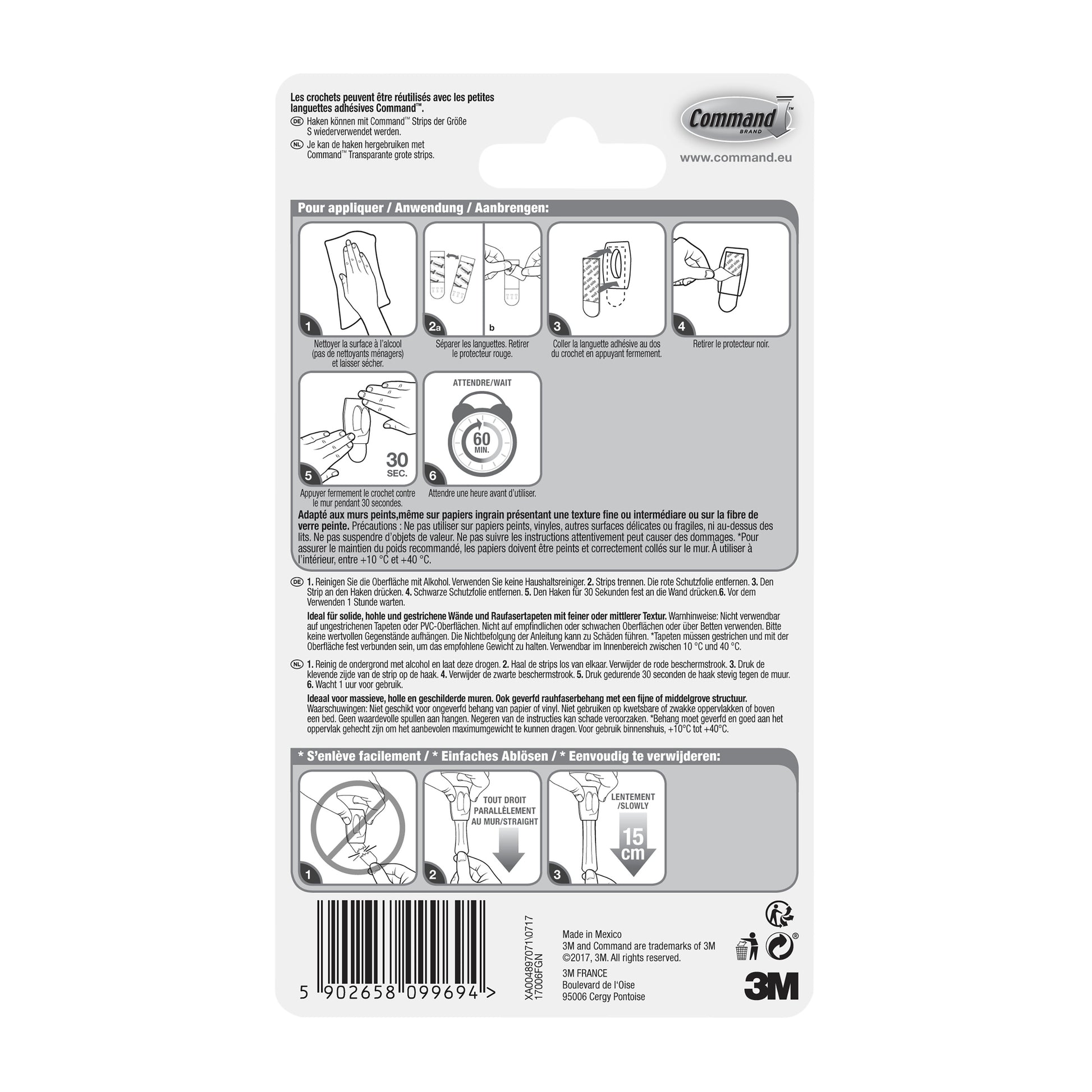 Rückseite einer 3M Deutschland GmbH Command™ Mini-Haken, 17006-Verpackung mit mehrsprachiger Anleitung, Diagrammen zur werkzeuglosen Montage, Verwendung von Klebestreifen, Warnhinweisen, Produktdetails, Barcode - rückstandsfrei ablösbar.