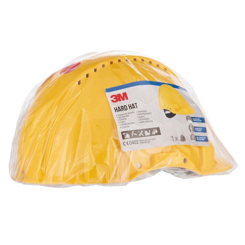 The yellow 3M™ Safety Helmet G3000C Uvicator from 3M Deutschland GmbH is delivered in a transparent plastic packaging with a product information label, safety symbols, a Uvicator sensor, and a small image of the safety helmet.