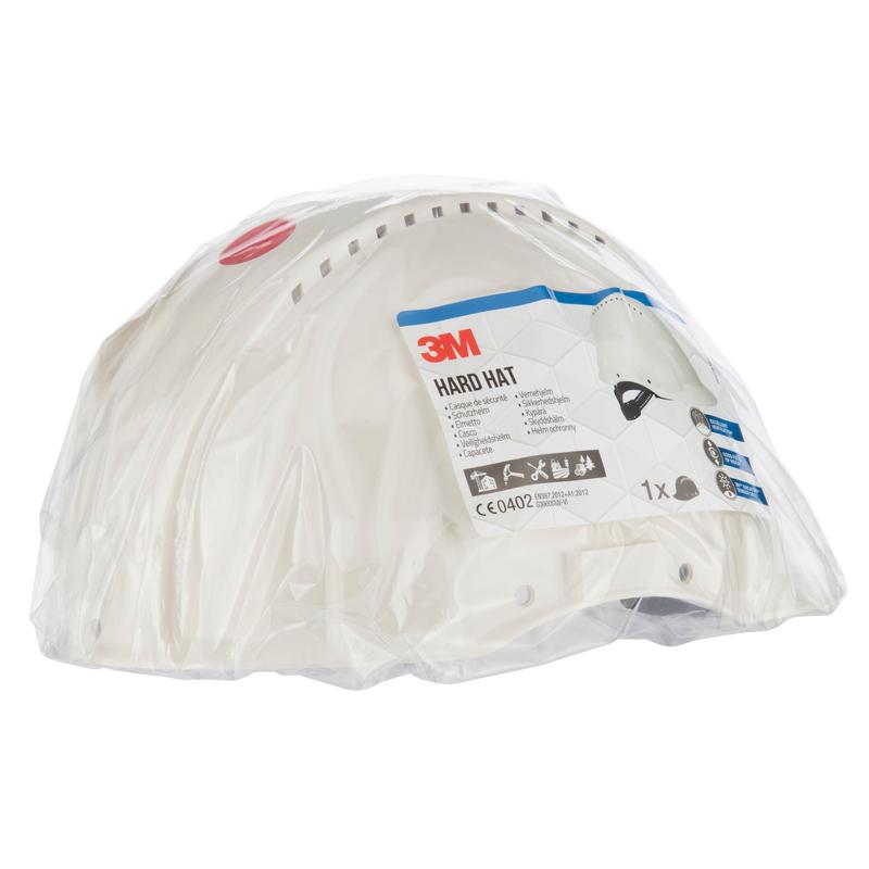 A stack of 3M Deutschland GmbH G3000C Uvicator safety helmets, packaged in transparent plastic with a visible label indicating brand, product information, safety certifications, and a Uvicator sensor for enhanced protection.