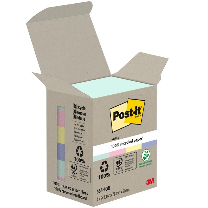 An open box of Post-it® Recycling Notes (38 mm x 51 mm, 100 sheets/block, 100% PEFC) from 3M Deutschland GmbH shows several pastel-colored blocks and is adorned with recycling symbols and 3M branding.