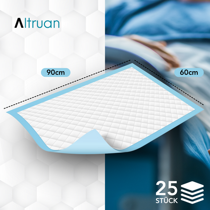 Image shows a package with 25 Altruflock® bed protection pads 60 x 90 cm Supersoft Extremely Absorbent from Altruan. In the background, a person is partially visible in a hospital bed, with the focus on the hospital pads. The design is in white and blue colors.