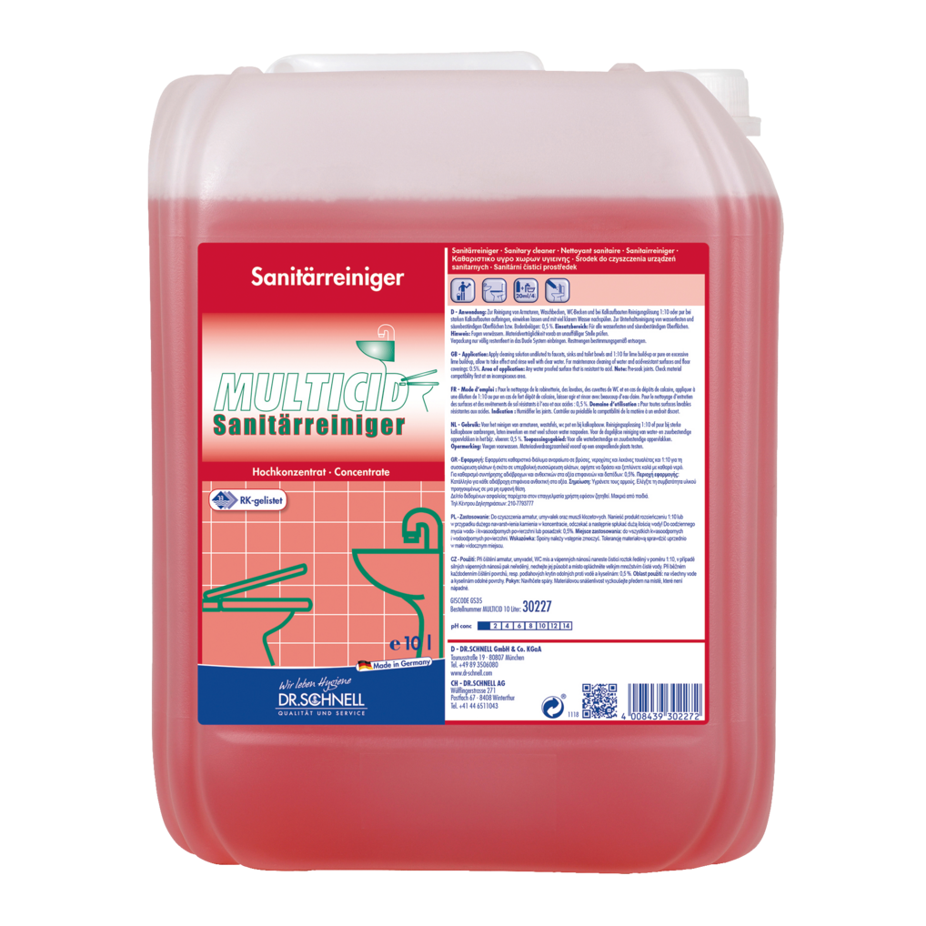 Ein 10-Liter-Kunststoffbehälter von Dr. Schnell MULTICID Sanitärreiniger der DR.SCHNELL GmbH & Co. KGaA, ein rotes Sanitärreinigerkonzentrat mit auf der Vorderseite aufgedruckten Produktetiketten und Anwendungshinweisen.