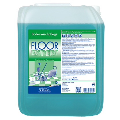 Ein 10-Liter-Gebinde von Dr. Schnell FLOOR EXPERT der DR.SCHNELL GmbH & Co. KGaA ist mit einem grün-blauen Etikett mit Reinigungsmaschinengrafik und deutscher Anleitung versehen. Die blau-grüne Flüssigkeit ist ideal für die professionelle Bodenreinigung.