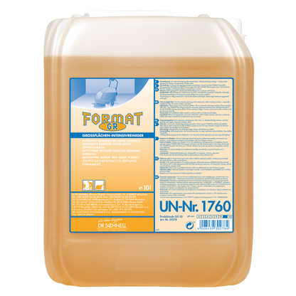 Ein 10-Liter-Behälter aus transluzentem Kunststoff von Dr. Schnell FORMAT GR 1 der DR.SCHNELL GmbH & Co. KGaA, gefüllt mit gelb-orangem Reiniger. Das deutsche Etikett enthält Produktangaben, Sicherheitsinformationen und die UN-Nummer 1760.