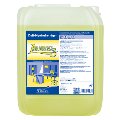 Ein 10-Liter-Gebinde Dr. Schnell DR.SCHNELL'S LEMON von DR.SCHNELL GmbH & Co. KGaA mit gelber Flüssigkeit und einem blau-gelben Etikett mit Produktangaben, ideal für die effektive Reinigung im Haushalt.