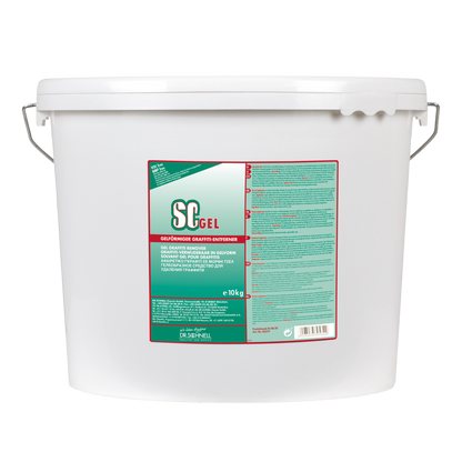 Ein 10 kg schwerer weißer Kunststoffeimer mit Griff und Deckel enthält den Dr. Schnell SC GEL Graffitientferner der DR.SCHNELL GmbH & Co. KGaA, ein professioneller Graffiti-Entferner. Das Etikett zeigt italienischen Text in den Farben grün, rot und weiß.