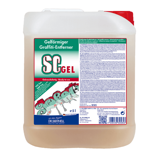 A 5-liter container Dr. Schnell SC GEL Graffiti Remover from DR.SCHNELL GmbH & Co. KGaA features a green-and-red label with application instructions and a graffiti graphic—ideal for effective graffiti removal.