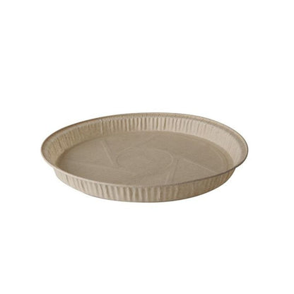 The PAPSTAR 25 baking molds "pure" round brown from PAPSTAR GmbH is a beige disposable baking mold with a slightly raised edge and textured surface, made from environmentally friendly materials and depicted on a white background.
