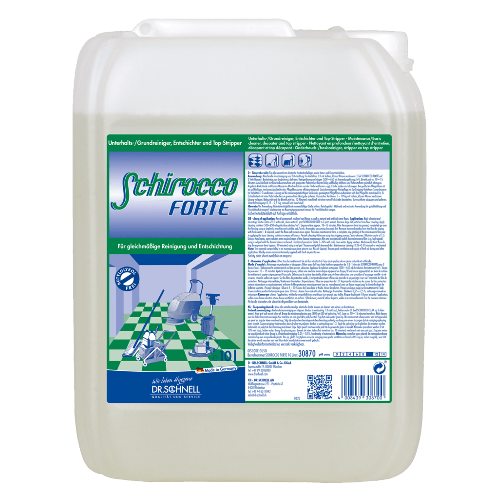 A large transparent plastic container labeled "Dr. Schnell SCHIROCCO FORTE" by DR.SCHNELL GmbH & Co. KGaA, with green and white branding, cleaning graphic, special cleaner instructions for professional cleaning, a handle, and a screw cap.