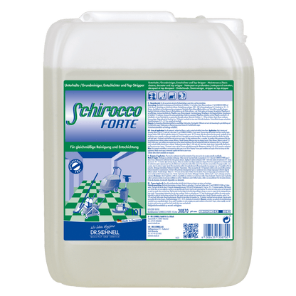 A large transparent plastic container labeled "Dr. Schnell SCHIROCCO FORTE" by DR.SCHNELL GmbH & Co. KGaA, with green and white branding, cleaning graphic, special cleaner instructions for professional cleaning, a handle, and a screw cap.