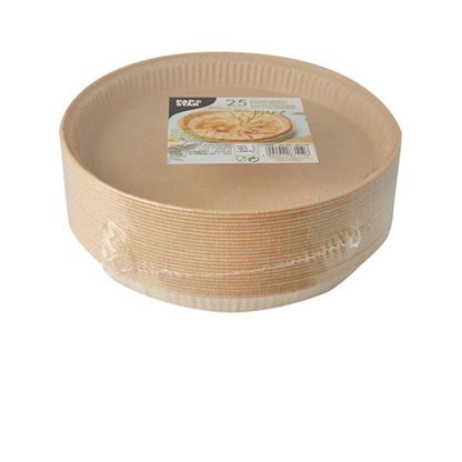 A stack of round, brown PAPSTAR 25 baking molds "pure" from PAPSTAR GmbH, wrapped in plastic with a label on top showing a cake image and product details.