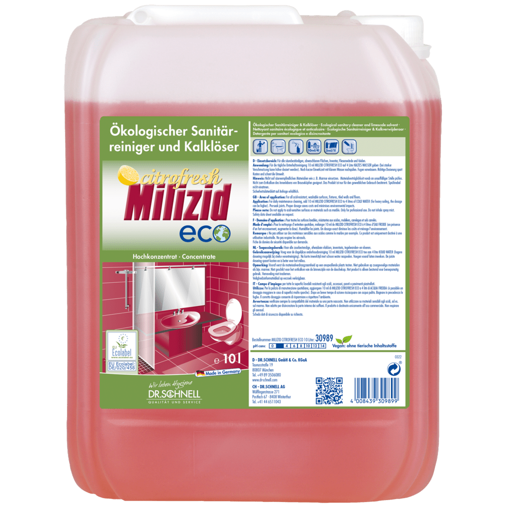 A large, semi-transparent plastic container with a white lid, filled with red liquid. The label reads "Dr. Schnell MILIZID CITROFRESH ECO sanitary cleaner" by DR.SCHNELL GmbH & Co. KGaA and shows images of bathrooms and toilets.