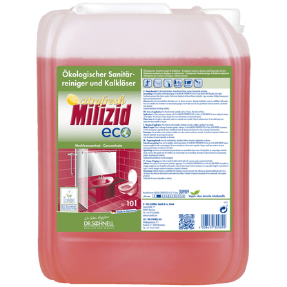 A large, semi-transparent plastic container with a white lid, filled with red liquid. The label reads "Dr. Schnell MILIZID CITROFRESH ECO sanitary cleaner" by DR.SCHNELL GmbH & Co. KGaA and shows images of bathrooms and toilets.
