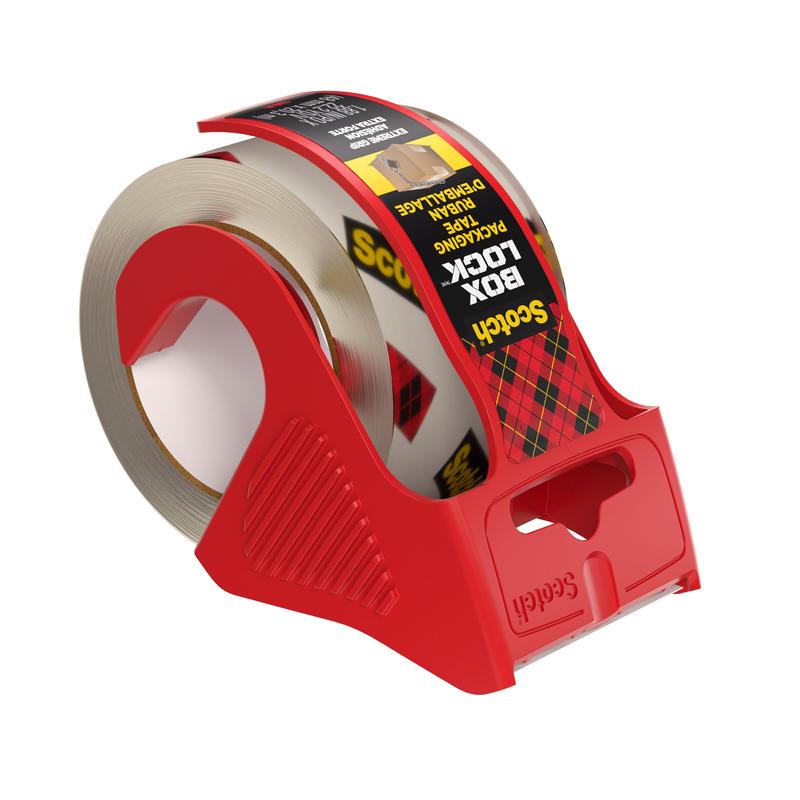 A roll of Scotch® Box Lock™ packaging tape 48 mm x 20.3 m from 3M Deutschland GmbH in a red plastic dispenser features clear, durable tape and a black, yellow, and red label for easy dispensing.