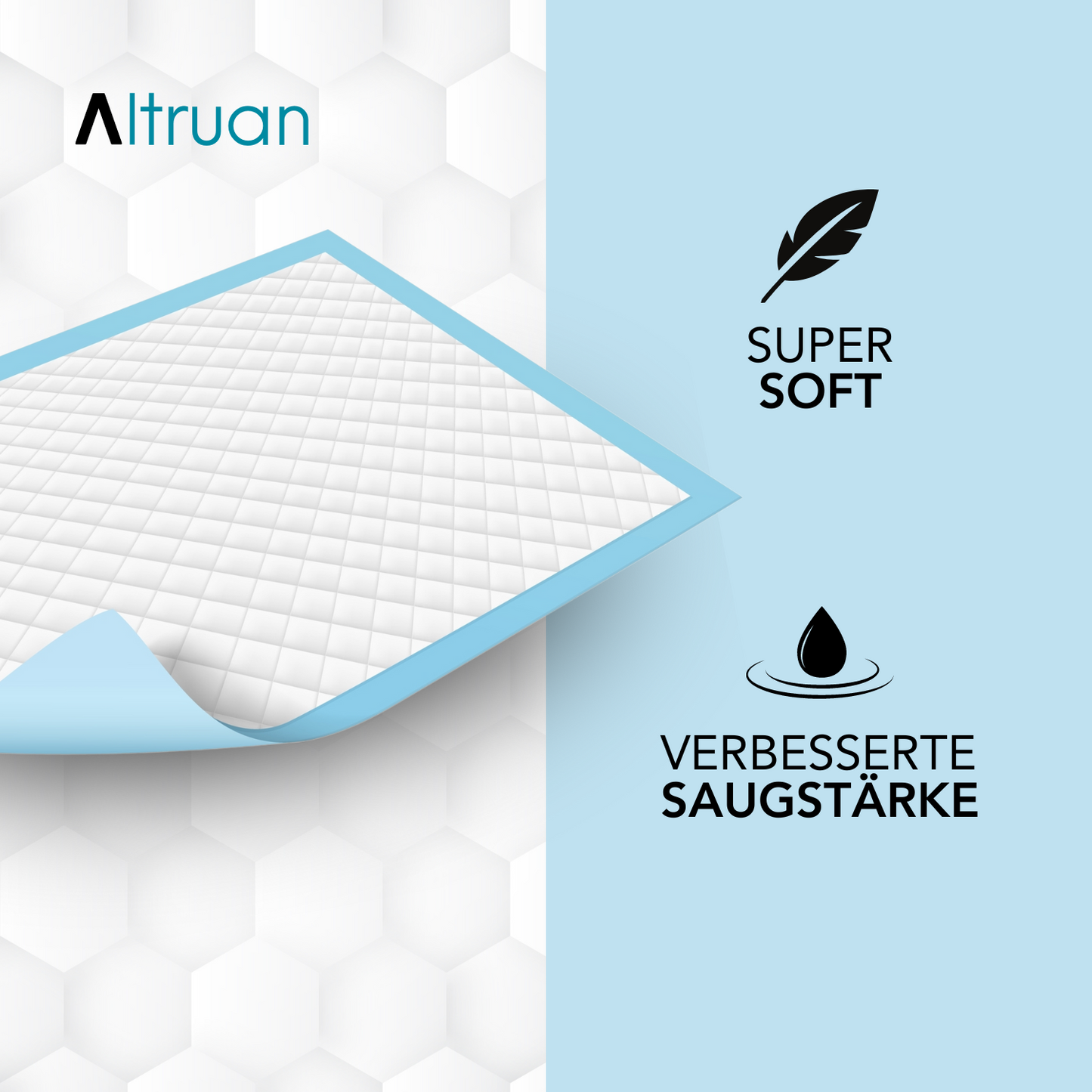 Image of a product advertisement for Altruan with white, diamond-quilted Altruflock® bed protection pads 60 x 90 cm Supersoft Extremely Absorbent | Package (25 pieces) with a blue border, partially folded. The background transitions from a honeycomb pattern to a solid blue. Symbols and text indicate “Super Soft” and “Improved Absorbency”.