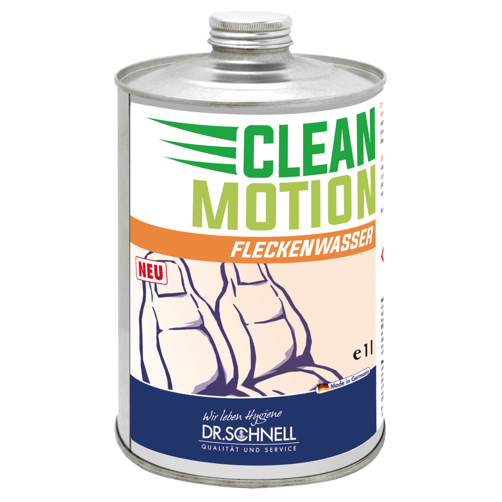 A 1L metal canister Dr. Schnell CLEANMOTION stain remover by DR.SCHNELL GmbH & Co. KGaA, an effective vehicle interior cleaner and stain remover - perfect for vehicle preparation. With orange/green text and blue logo with car seats.