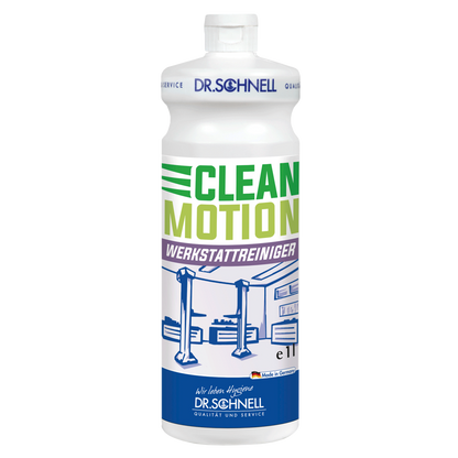 Eine weiße 1L Flasche Dr. Schnell CLEANMOTION WERKSTATTREINIGER von DR.SCHNELL GmbH & Co. KGaA, mit grünem und violettem Text, einer Abbildung einer Autowerkstatt und einem blauen Dr. Schnell-Logo am Boden.
