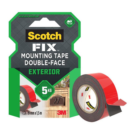 The 3M Deutschland GmbH Scotch-FIX™ Double-Sided Outdoor Mounting Tape 5412-1915-P, 19 mm x 1.5 m (1 roll/package), is a weather-resistant mounting tape that holds up to 5 kg and is ideal for outdoor applications.