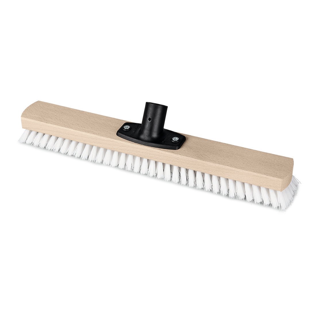 The Nölle Profi Brush Power Stick 40 cm large area scrubber (PP-white/green) from Nölle Profi Brush Brush & Paint Technology e.K. features white polypropylene bristles, a light wooden base, and a black handle holder - ideal for professional cleaning.