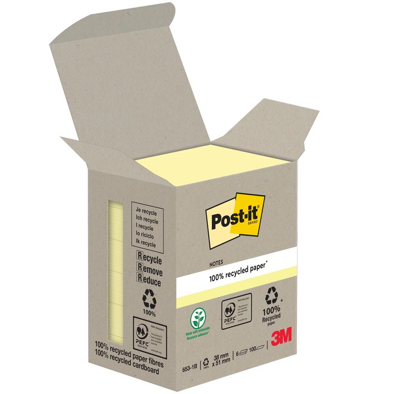 An open box of Post-it® Recycling Notes, 38 mm x 51 mm, 100 sheets per block, made from 100% PEFC-certified paper from 3M Deutschland GmbH, shows yellow notes with recycling logos and the 3M logo on the packaging.