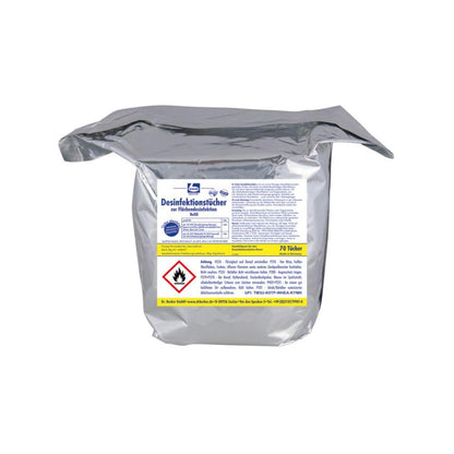 A silver packaging with German labeling and a red warning sign "Flammable" contains 70 Dr. Becher disinfectant wipes for surface disinfection from Dr. Becher GmbH, perfect for residue-free disinfection of alcohol-resistant surfaces.